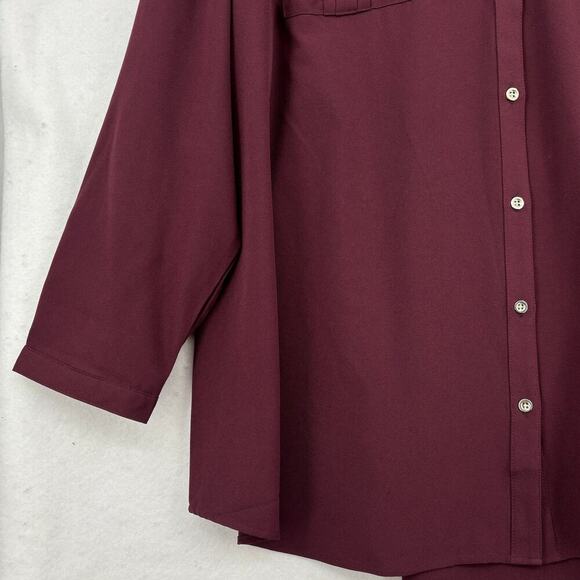Denim & Co Blouse Top Size 2X Raisin Red Button Up Shirt Roll Tab Sleeve Stretch - Picture 4 of 9